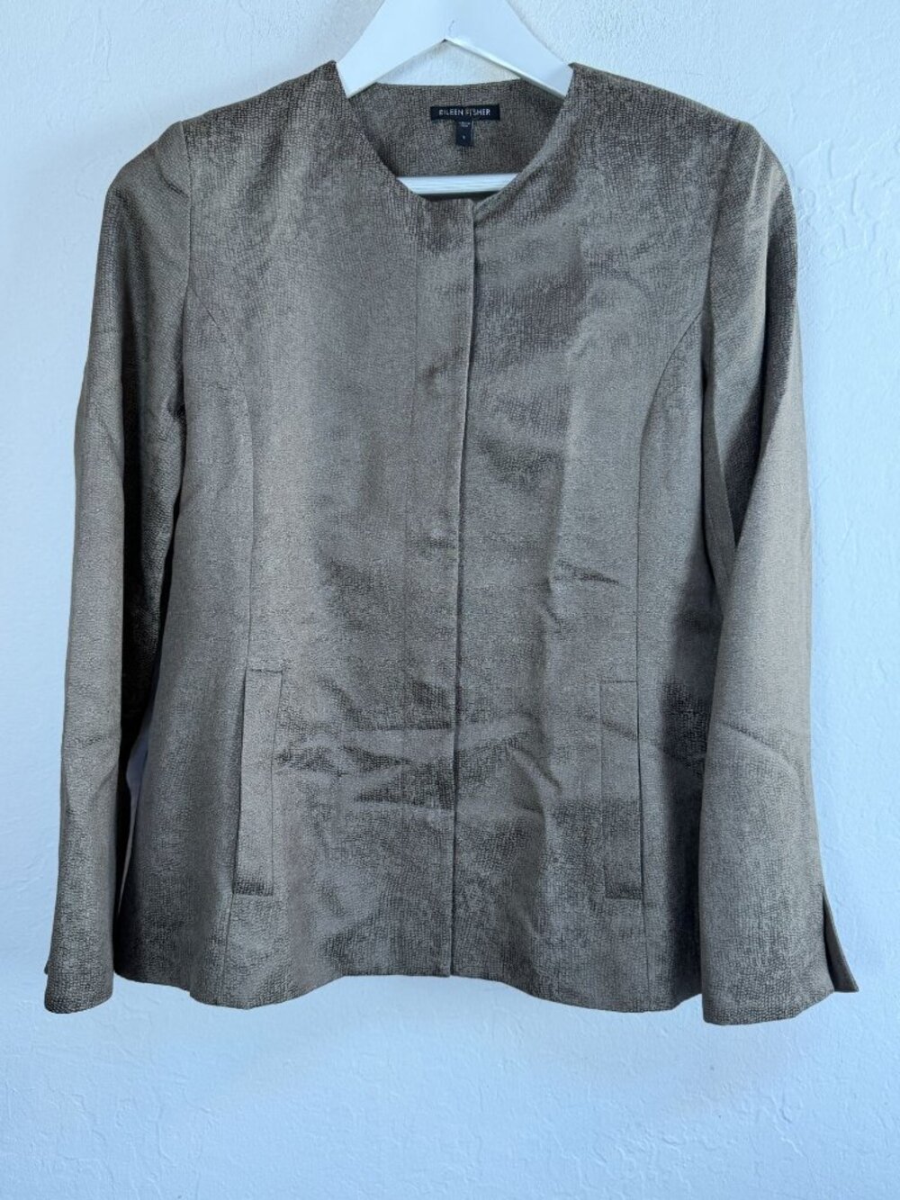 Eileen Fisher Women Textured Metallic Blazer Jacket Small Olive Silk Blend Lined